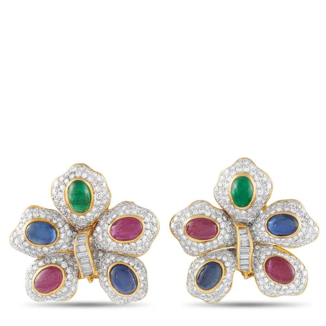18K YELLOW GOLD 4.80CT DIAMOND AND COLORED GEMSTONE FLOWER EARRINGS
