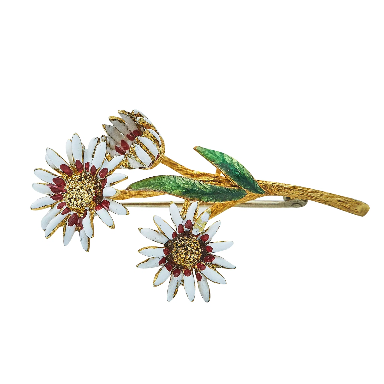 18K Yellow Gold and Enamel Flower Pin Brooch
