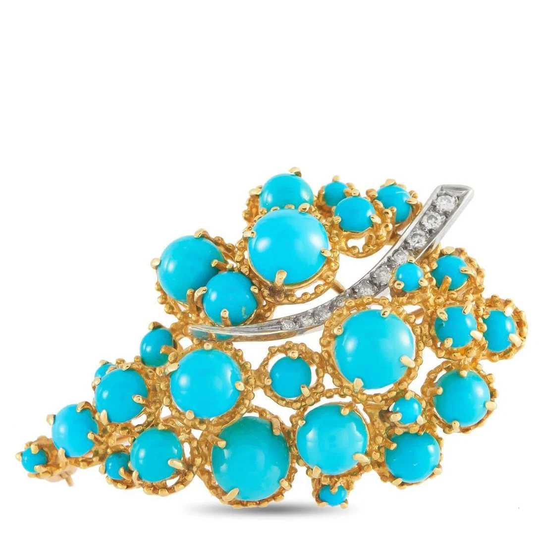 18K YELLOW GOLD DIAMOND AND TURQUOISE BROOCH
