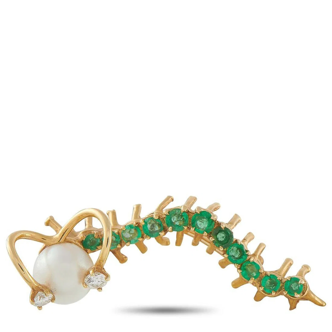 18K YELLOW GOLD DIAMOND, EMERALD, AND PEARL CATERPILLAR BROOCH