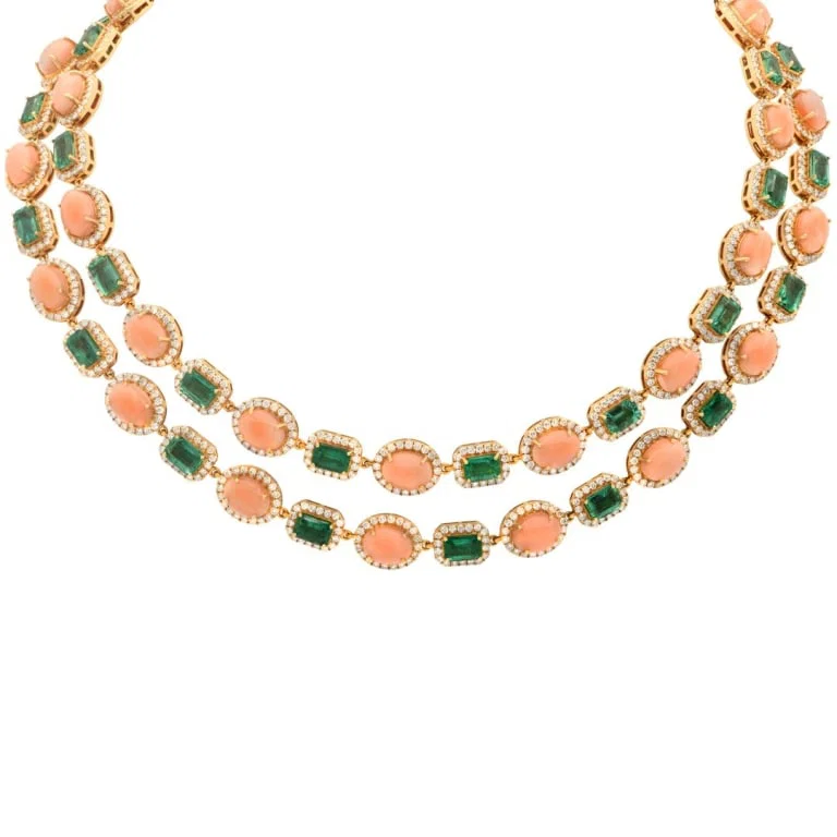 18k Yellow Gold Emerald and Coral Diamond Necklace