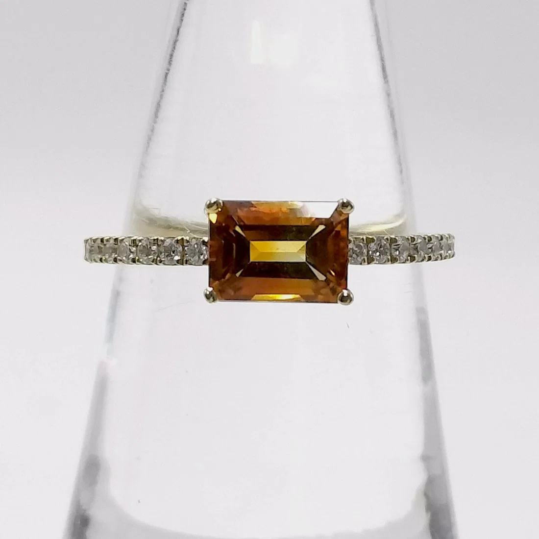 18K Yellow Gold Emerald Cut Citrine and Diamond Ring