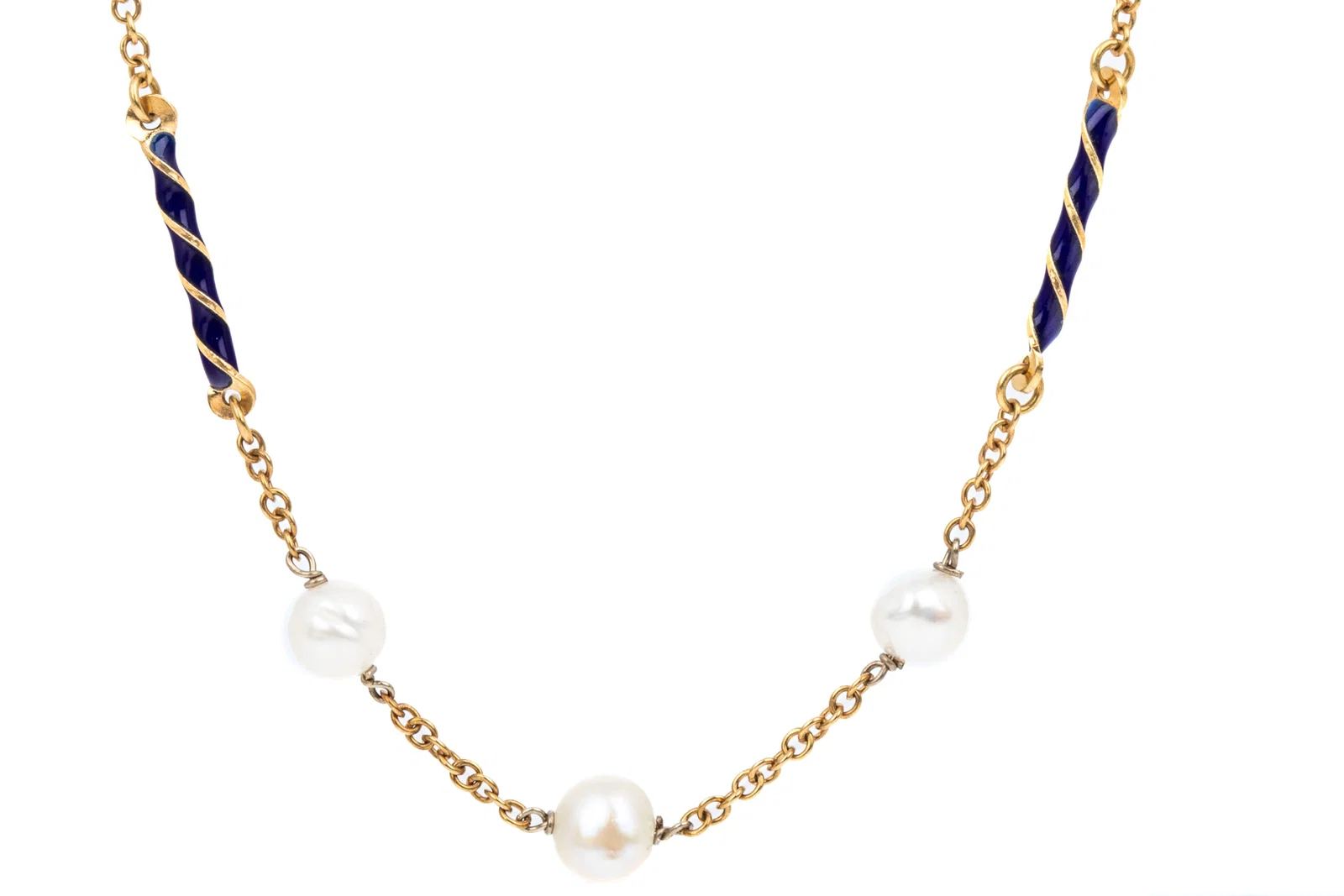 18K YELLOW GOLD PEARL & ENAMEL STATION CHAIN 15.1g