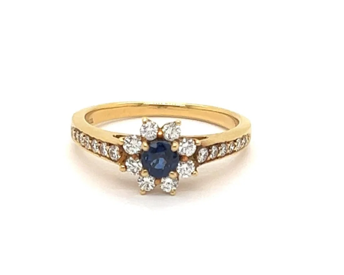18k Yellow Gold Tiffany Diamond and Sapphire Ring in Size 6.5