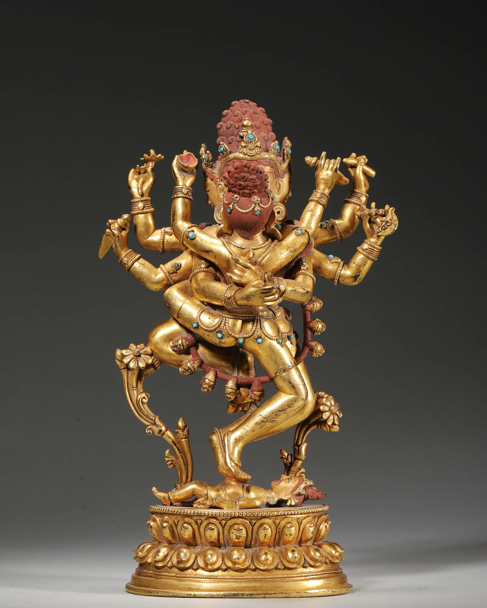 18TH–19TH CENTURY GILT-COPPER INLAID TURQUOISE STATUE OF CHAKRASAMVARA IN YAB-YUM