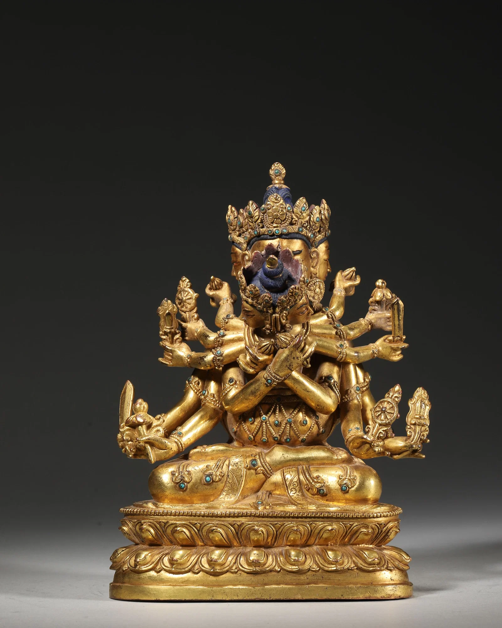 18TH–19TH CENTURY GILT-COPPER INLAID TURQUOISE STATUE OF GUHYASAMAJA IN YAB-YUM