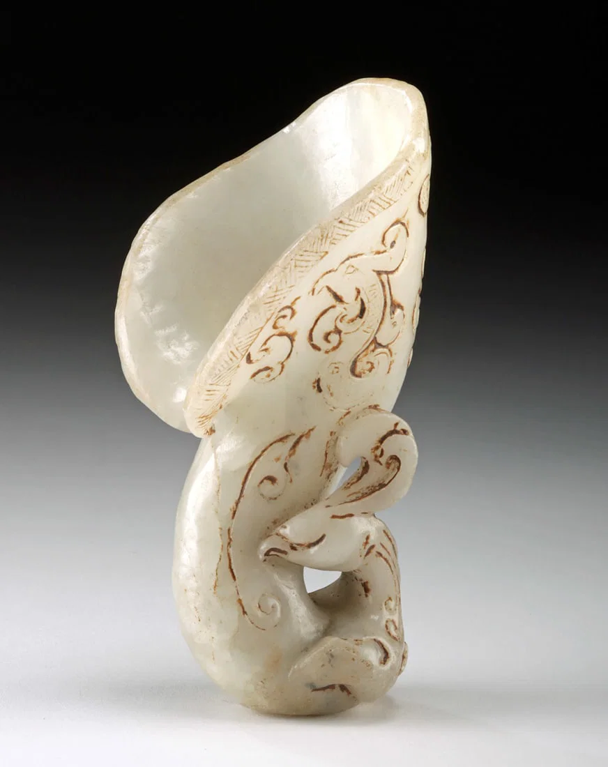 18th C. Chinese White Jade Rhyton - Chilong / Birds