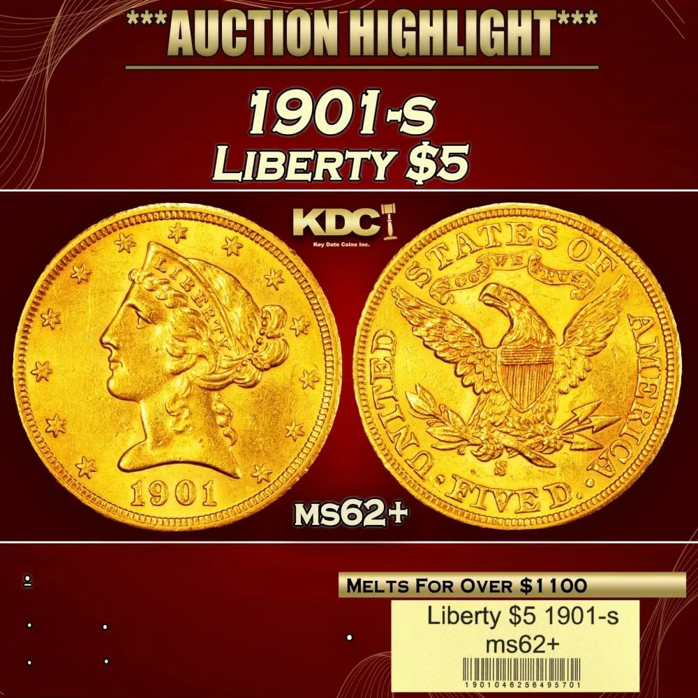 1901-s Gold Liberty Half Eagle $5 ms62+ USCG