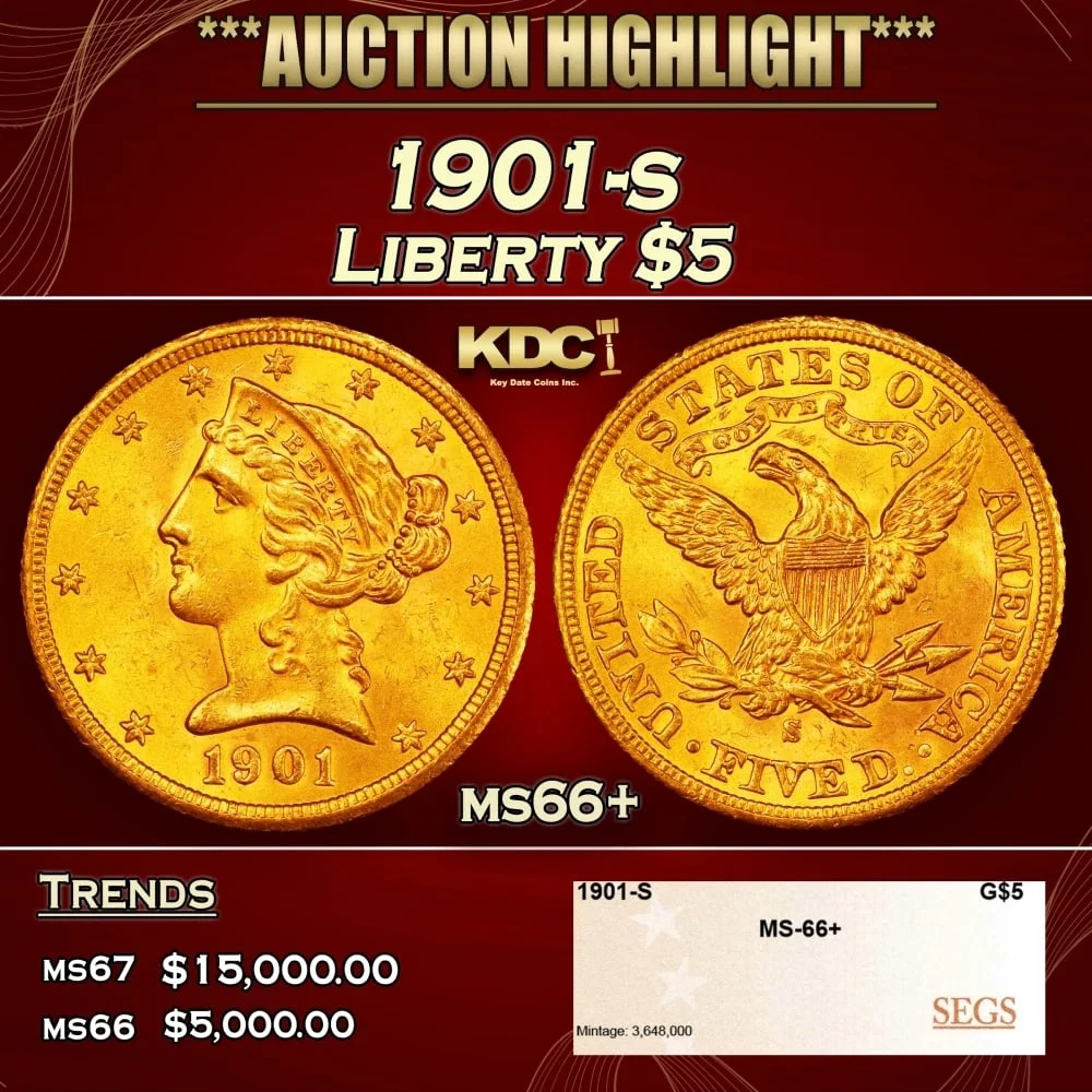 1901-s Gold Liberty Half Eagle $5 ms66+ SEGS