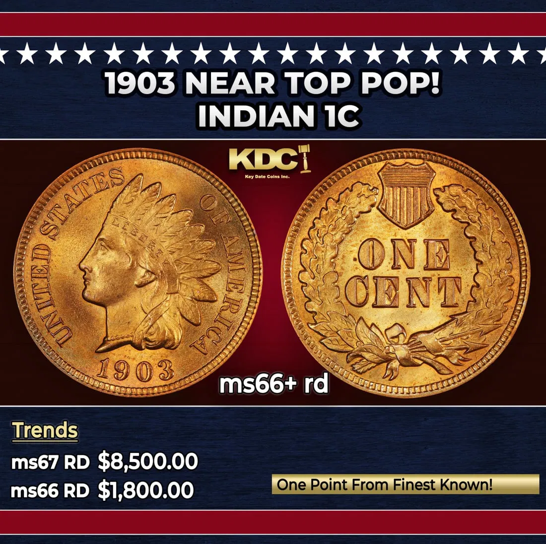 1903 Indian Cent Near Top Pop! 1c ms66+ rd SEGS