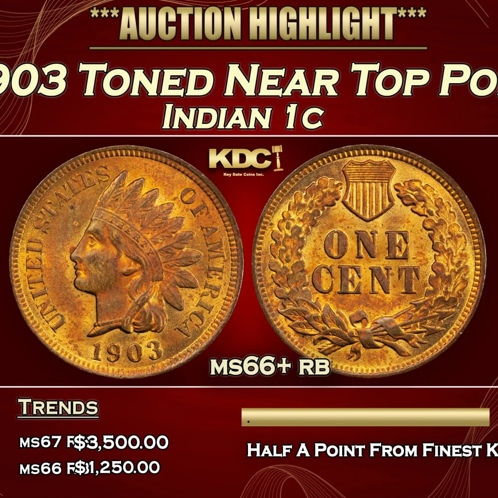 1903 Indian Cent Toned Near Top Pop 1c ms66+ rb SEGS