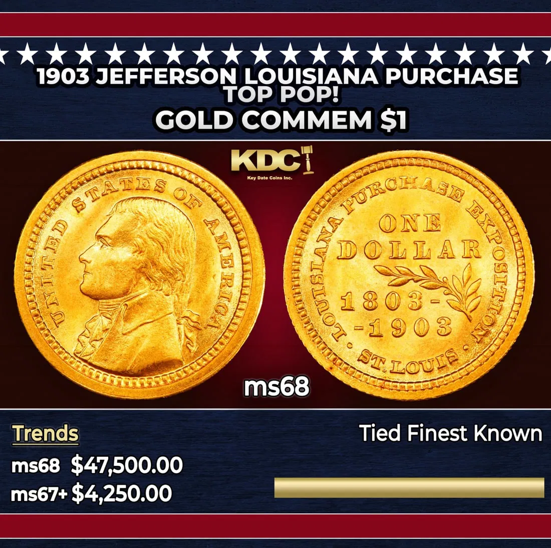 1903 Jefferson Louisiana Purchase Gold Commem Dollar TOP POP! 1 ms68 SEGS