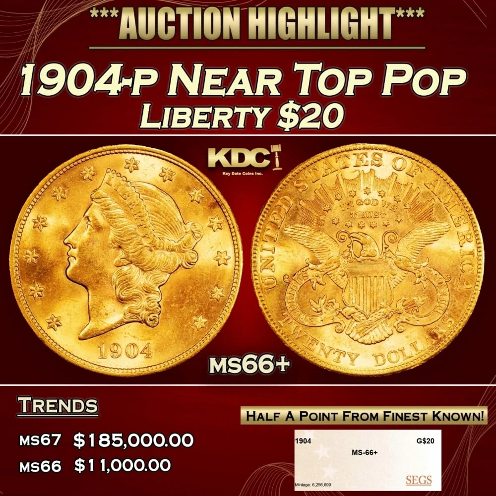 1904-p Gold Liberty Double Eagle Near Top Pop $20 ms66+ SEGS