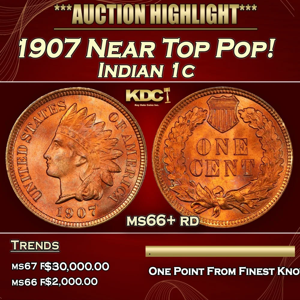 1907 Indian Cent Near Top Pop! 1c ms66+ rd SEGS