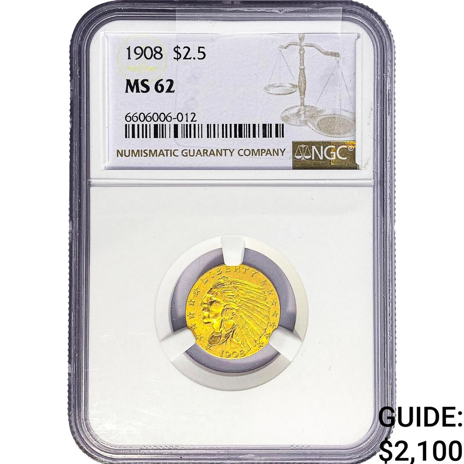 1908 $2.50 Gold Quarter Eagle NGC MS62