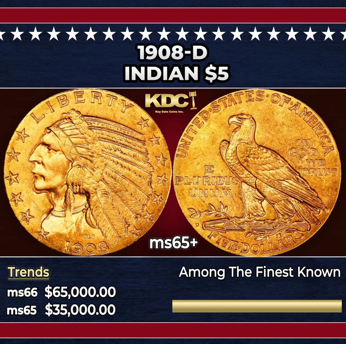 1908-d Gold Indian Half Eagle $5 ms65+ USCG