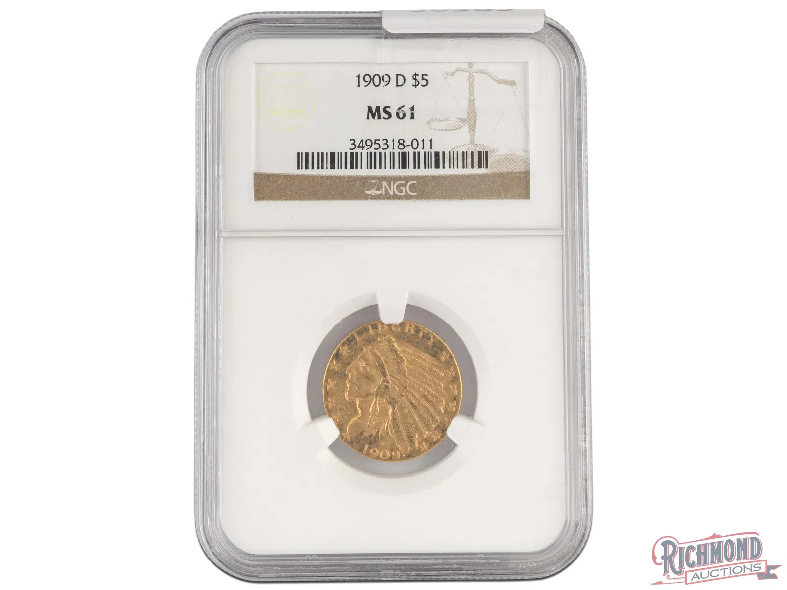 1909-D $5 Indian Head Half Eagle Gold Coin, NGC MS-61