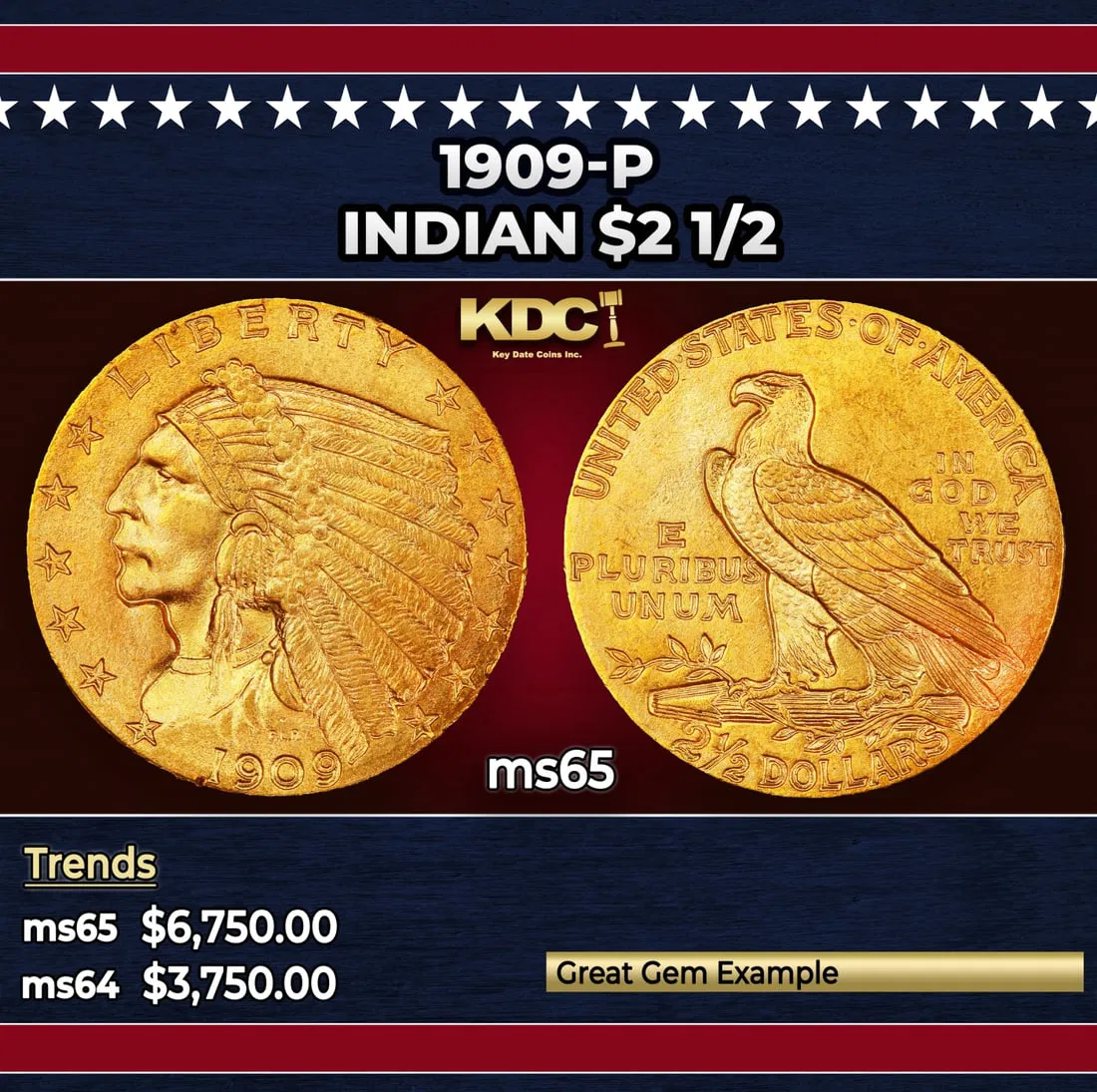 1909-p Gold Indian Quarter Eagle $2 1/2 ms65 SEGS