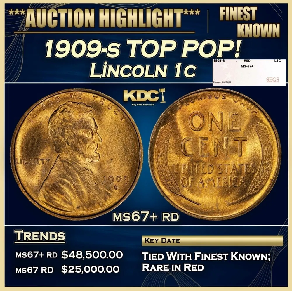 1909-s Lincoln Cent TOP POP! 1c ms67+ rd SEGS