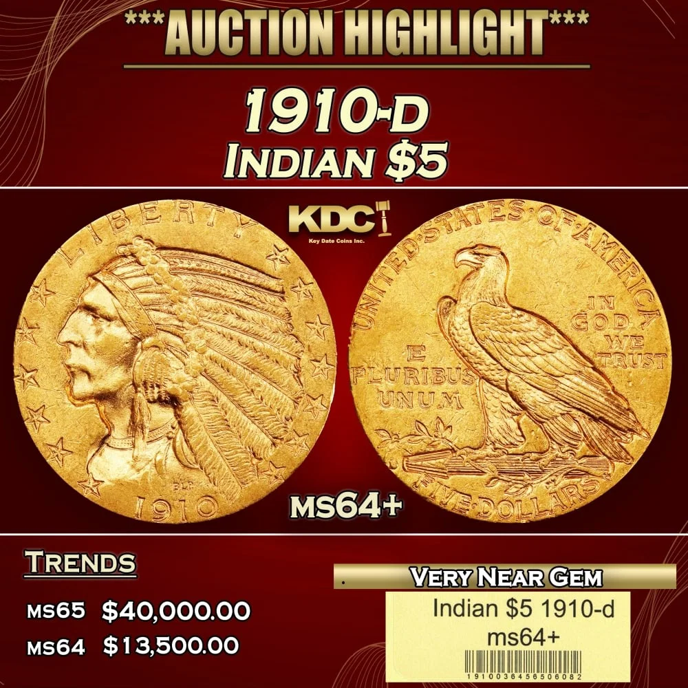 1910-d Gold Indian Half Eagle $5 ms64+ USCG