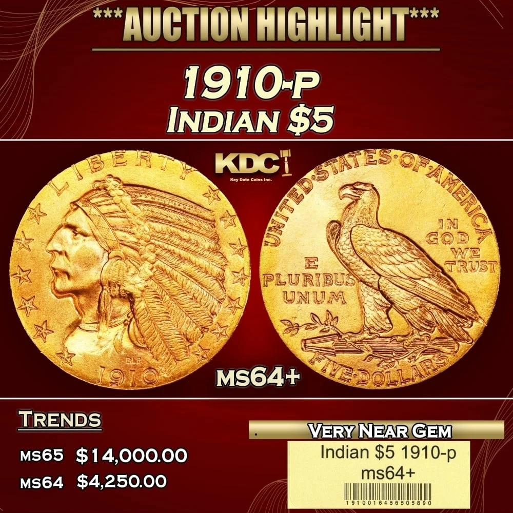 1910-p Gold Indian Half Eagle $5 ms64+ USCG