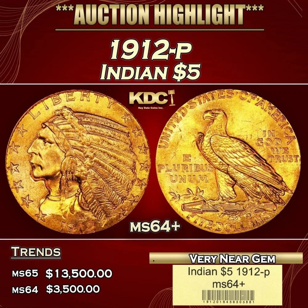 1912-p Gold Indian Half Eagle $5 ms64+ USCG