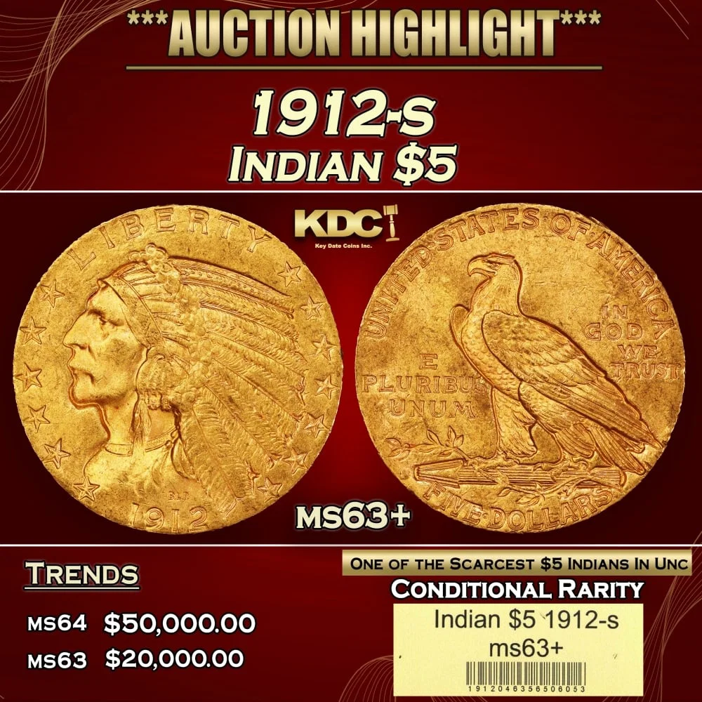 1912-s Gold Indian Half Eagle $5 ms63+ USCG