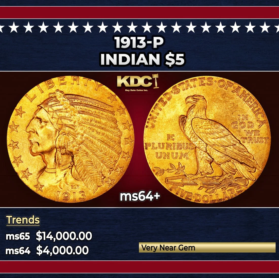 1913-p Gold Indian Half Eagle $5 ms64+ USCG
