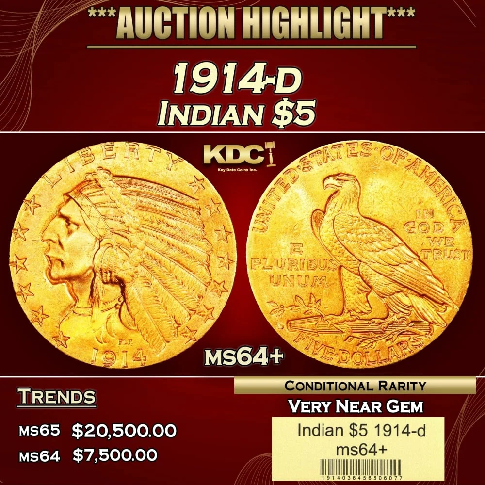 1914-d Gold Indian Half Eagle $5 ms64+ USCG