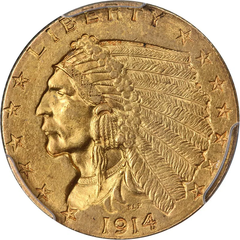 1914 Denver Mint Indian Gold Quarter Eagle PCGS MS62