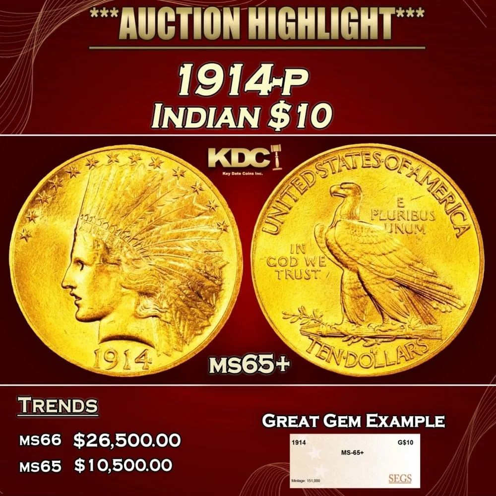 1914-p Gold Indian Eagle $10 ms65+ SEGS