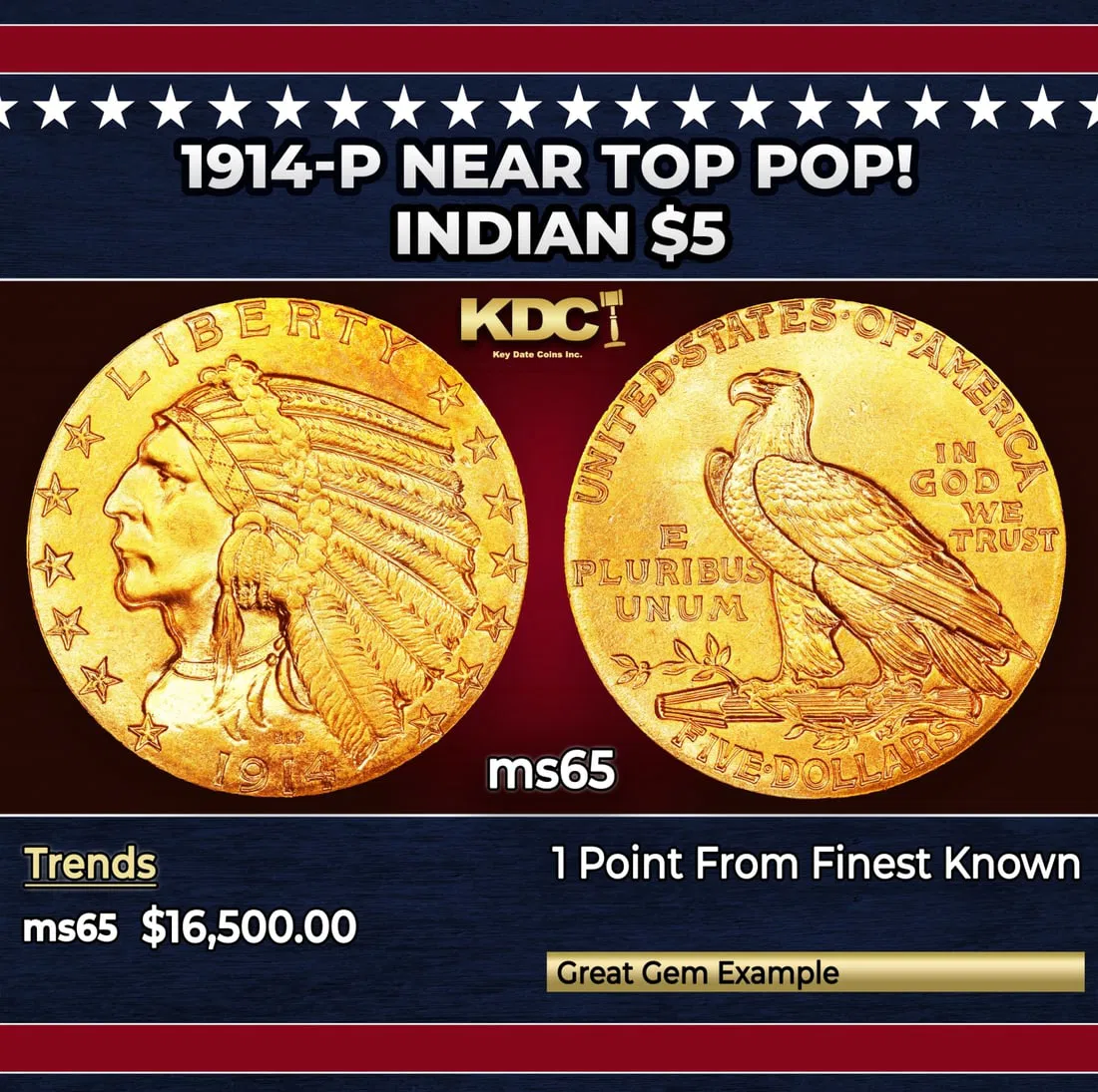 1914-p Gold Indian Half Eagle Near Top Pop! $5 ms65 USCG
