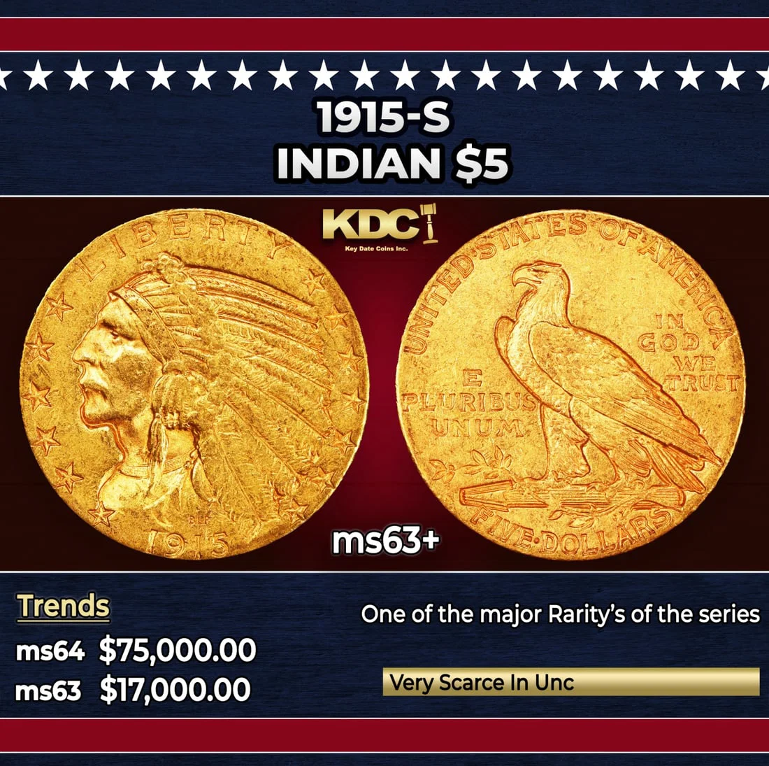 1915-s Gold Indian Half Eagle $5 ms63+ USCG