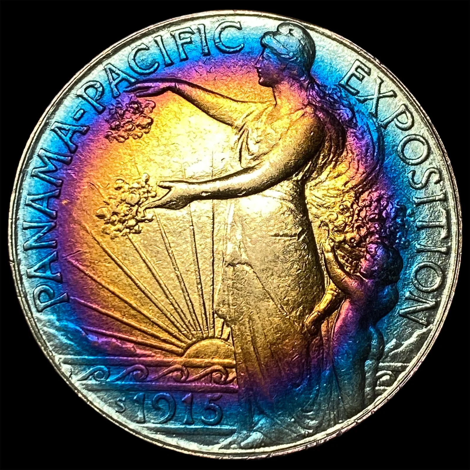 1915-S Toned Silver Panama-Pacific Half Dollar CLOSELY UNCIRCULATED