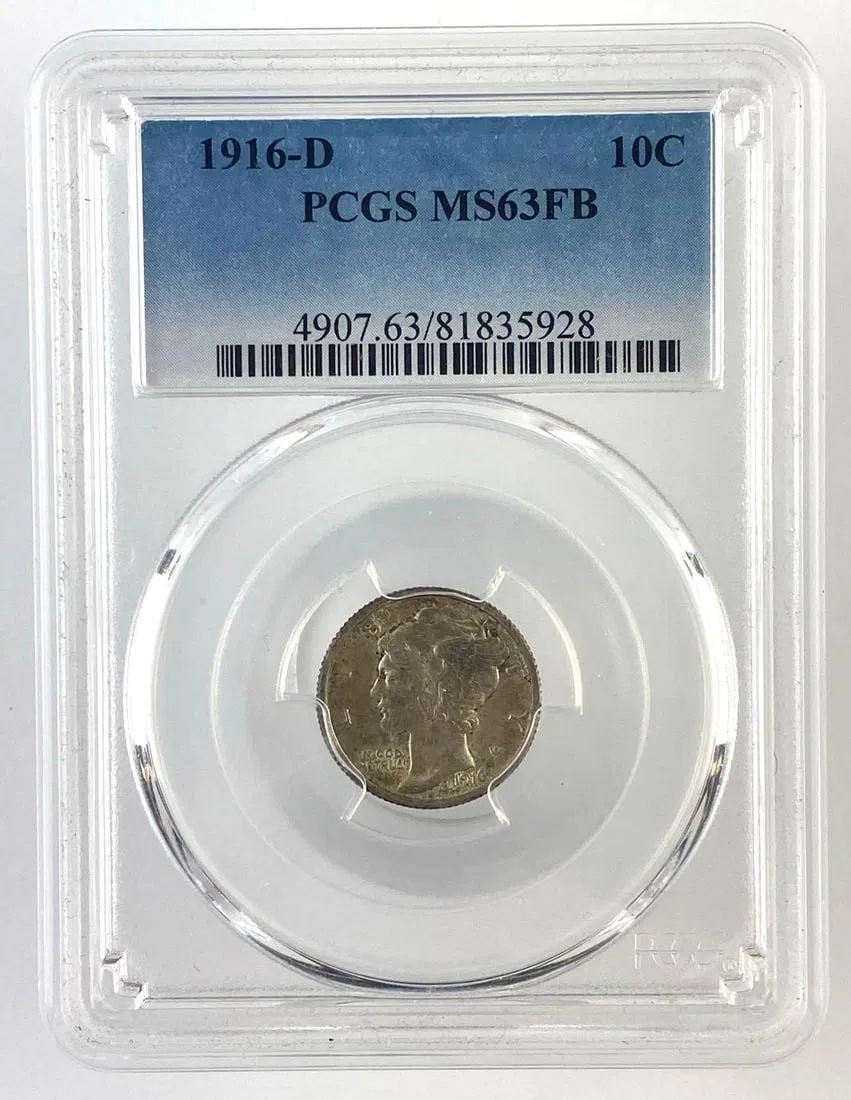 1916 D US Mercury Silver Dime PCGS Graded MS63FB