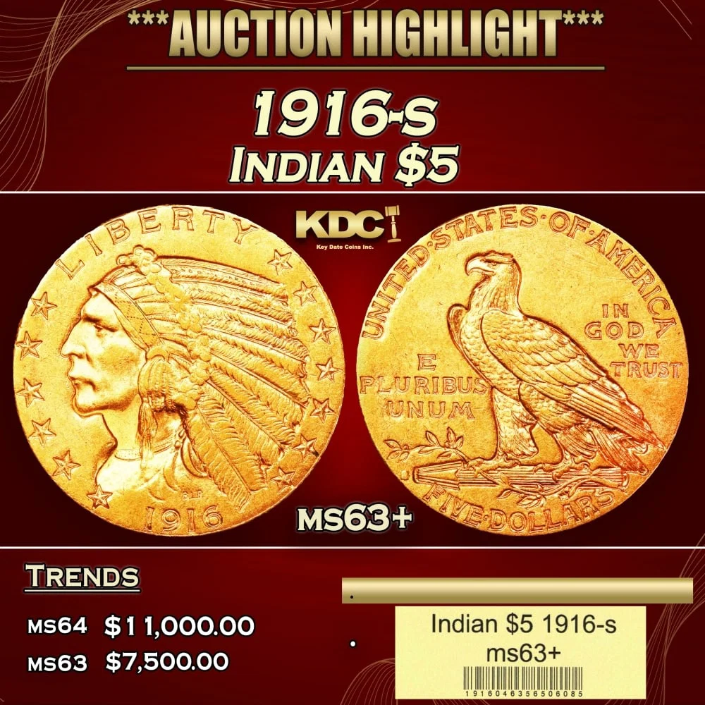 1916-s Gold Indian Half Eagle $5 ms63+ USCG