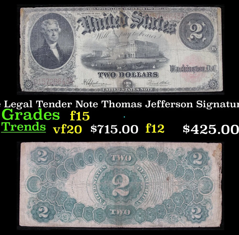 1917 $2 Large Size Legal Tender Note Thomas Jefferson Grades f+ Signatures Speelman/White