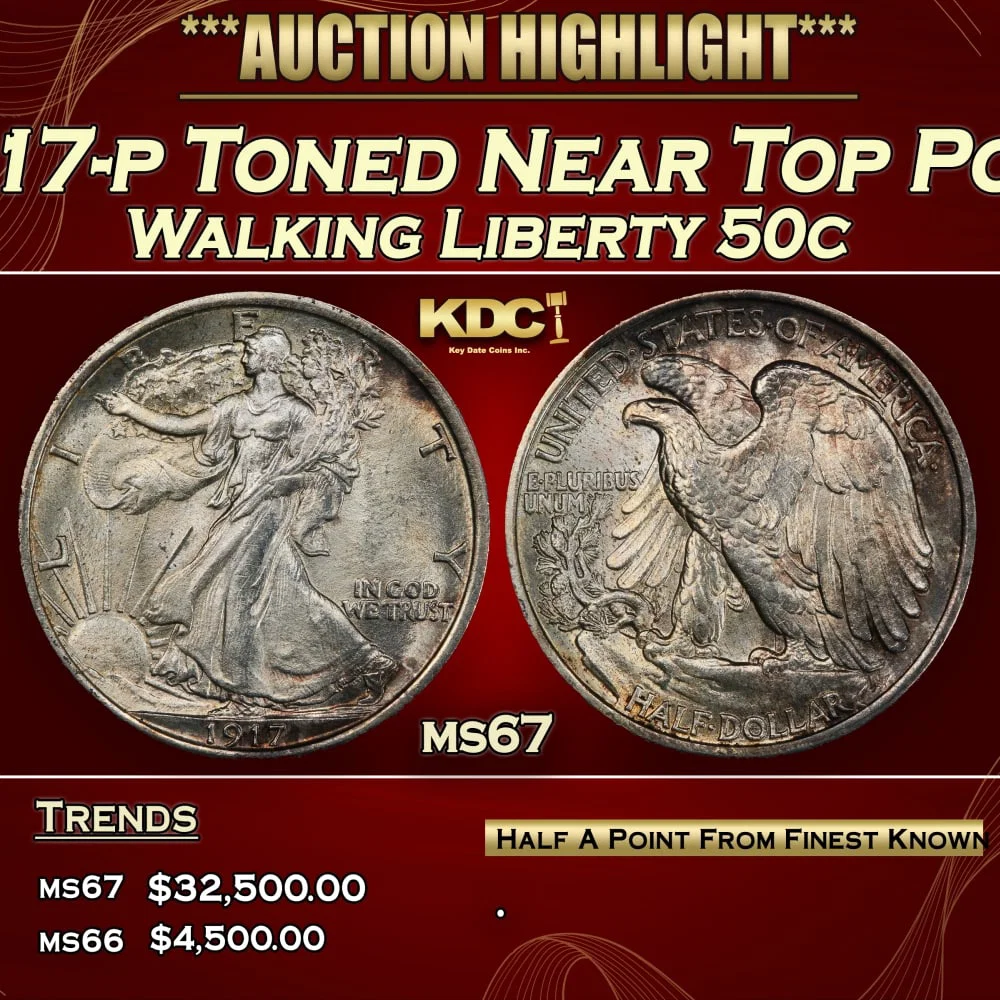 1917-p Walking Liberty Half Dollar Toned Near Top Pop 50c ms67 SEGS