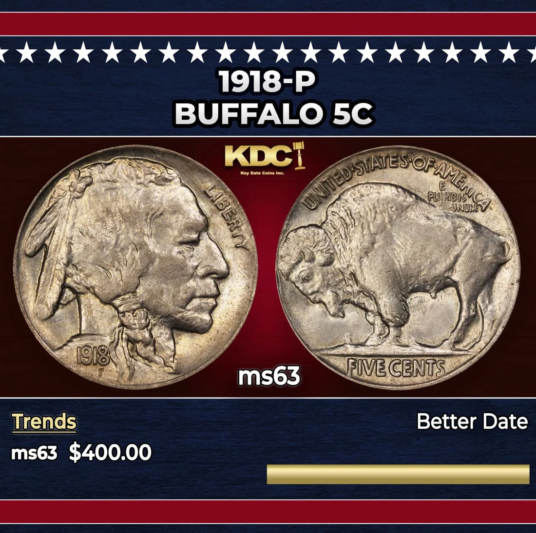 1918-p Buffalo Nickel 5c Grades ms63