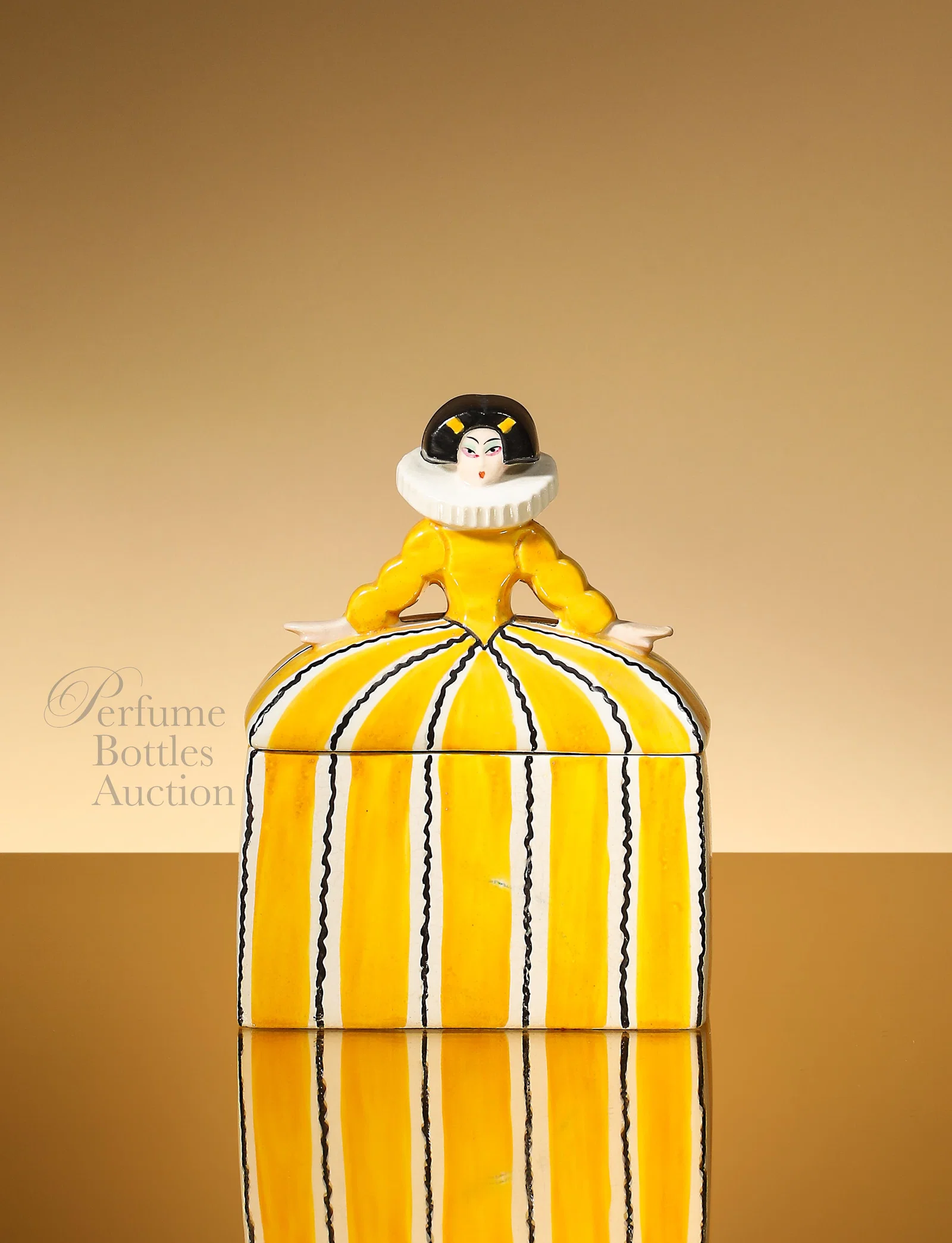 1920s Art Deco Goebel porcelain vanity box as a stylized Elizabethan figure in panniers skirt
