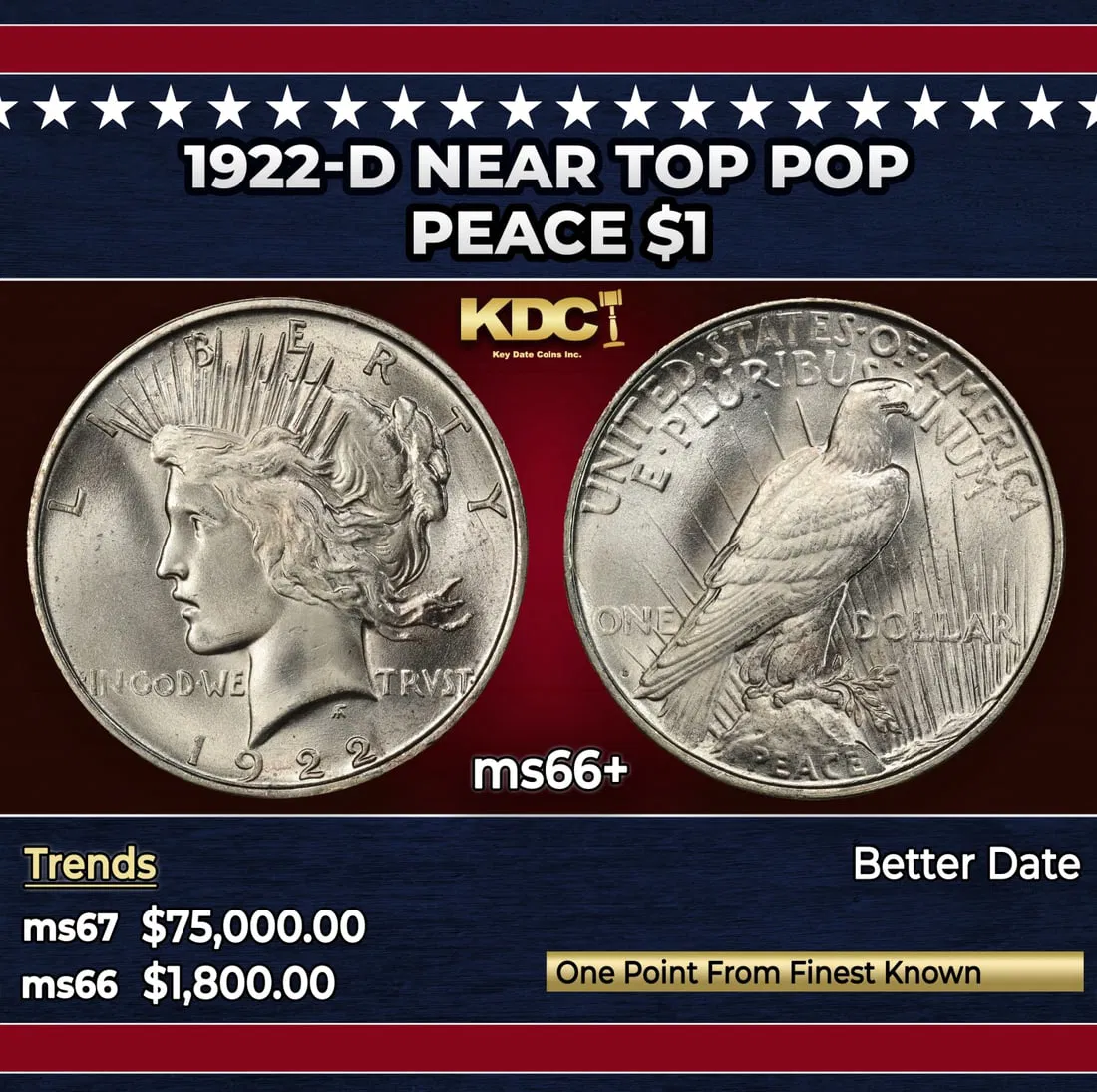 1922-d Peace Dollar Near Top Pop $1 ms66+ SEGS
