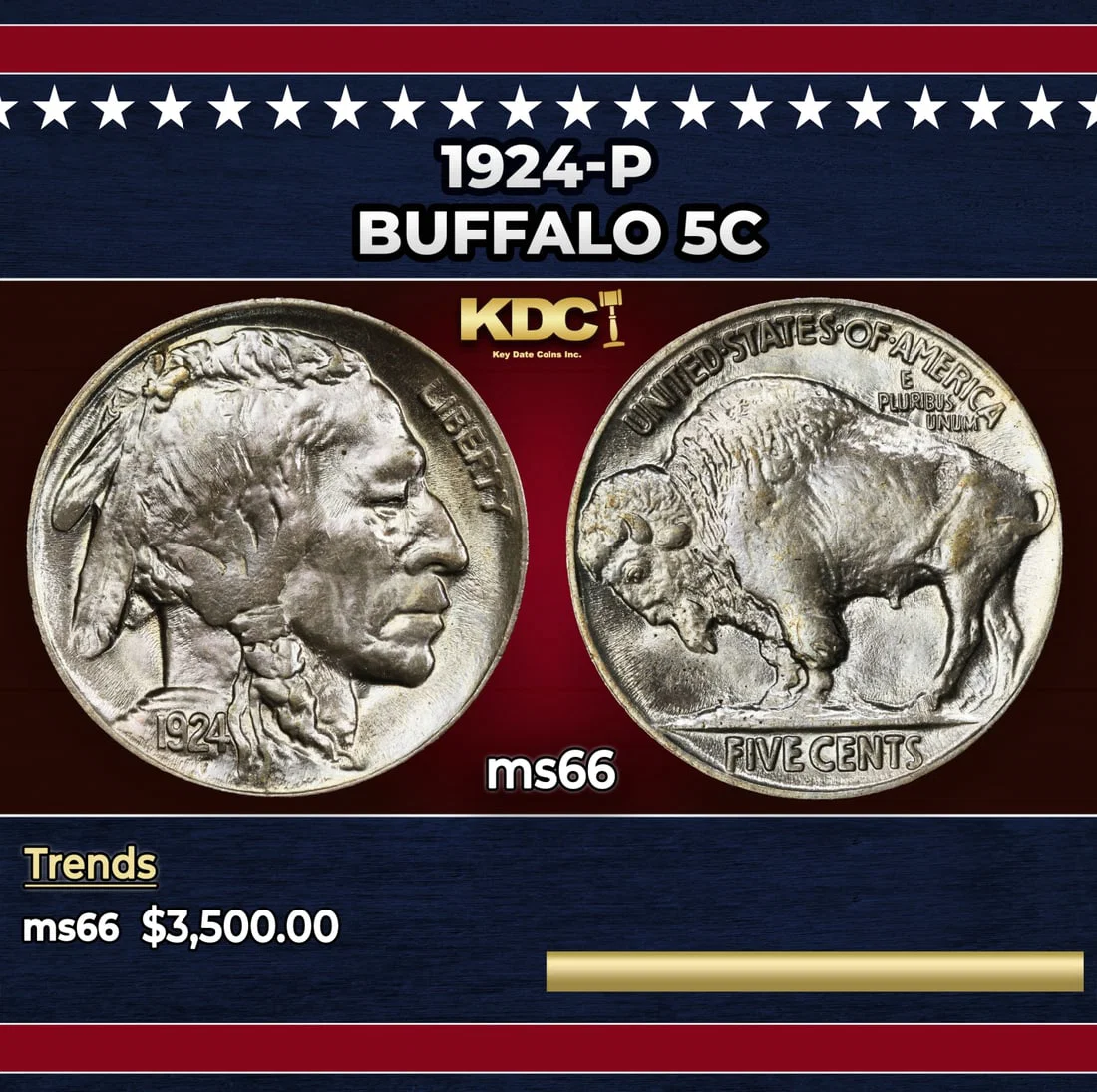1924-p Buffalo Nickel 5c ms66 SEGS