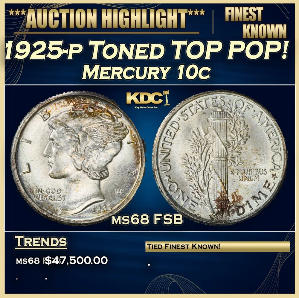 1925-p Mercury Dime Toned TOP POP! 10c ms68 FSB SEGS