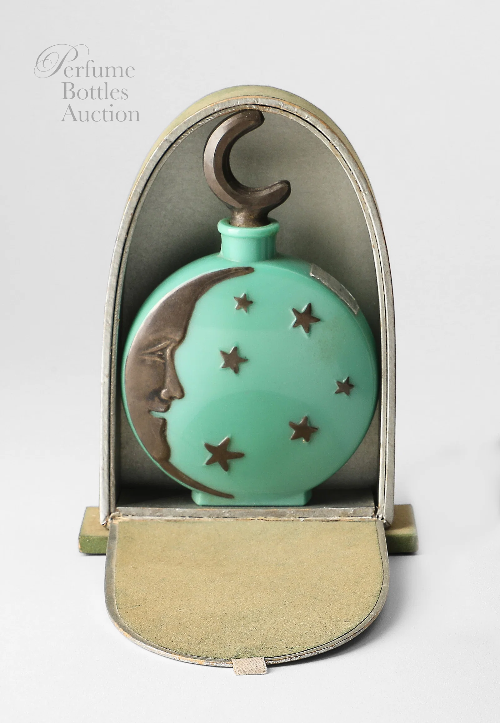 1926 Andre Jollivet Sari Lune de Miel, green glass moon and star motif perfume bottle