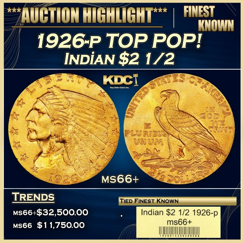 1926-p Gold Indian Quarter Eagle TOP POP! $2 1/2 ms66+ USCG