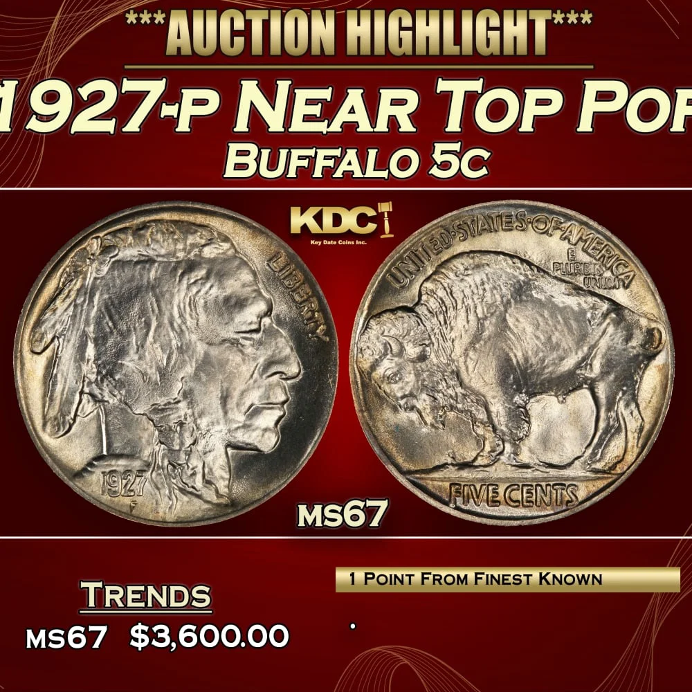 1927-p Buffalo Nickel Near Top Pop 5c ms67 SEGS