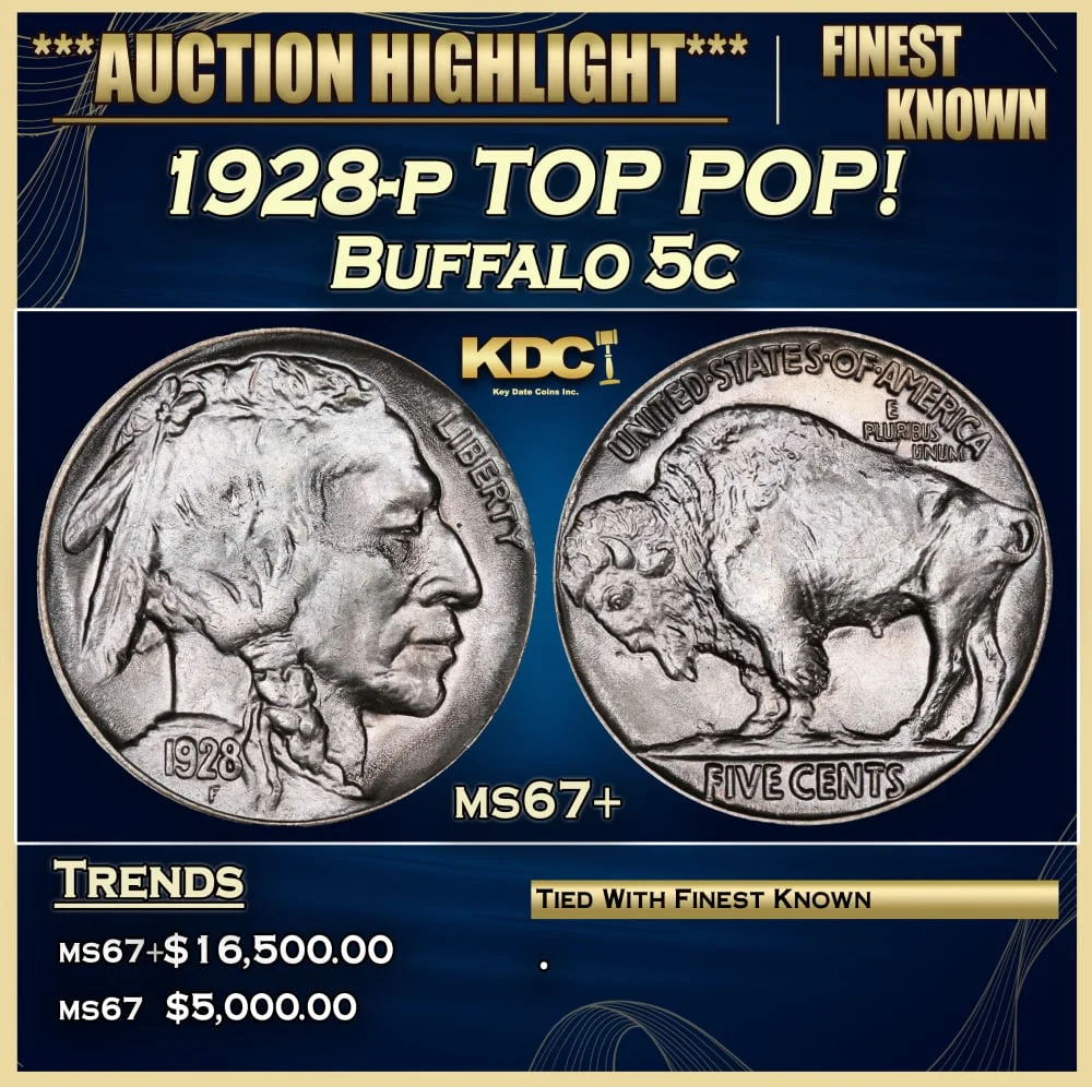 1928-p Buffalo Nickel TOP POP! 5c ms67+ SEGS