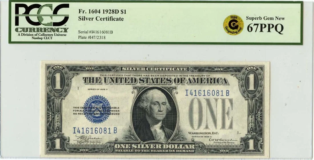 1928D $1 Silver Certificate Type 1604 PCGS MS67 PPQ Gold