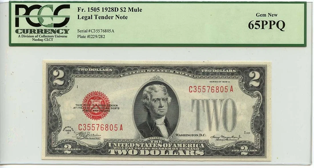 1928D $2 Legal Tender Note Fr# 1505 PCGS 65 PPQ Uncirculated