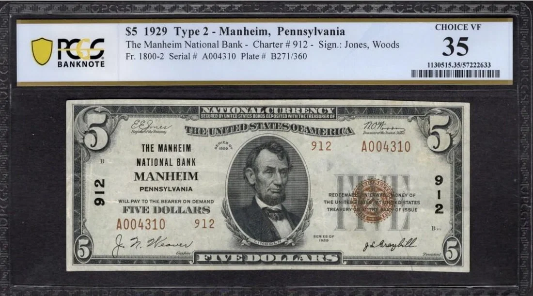 1929 $5 Manheim PA National PCGS 35